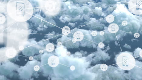 animación de la red de conexiones con iconos sobre nubes