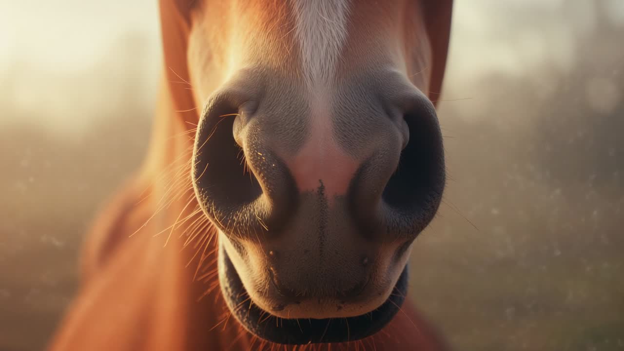 Sniffing horse muzzle flaring nostrils inhaling air in field, with whiskers shining in sunrise glow