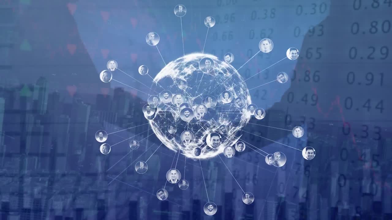 연결 네트워크로 지구의 애니메이션, 데이터 처리, 손을  ⁇ 는 사업가들