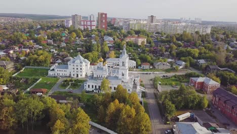 aerial view of a town with a church