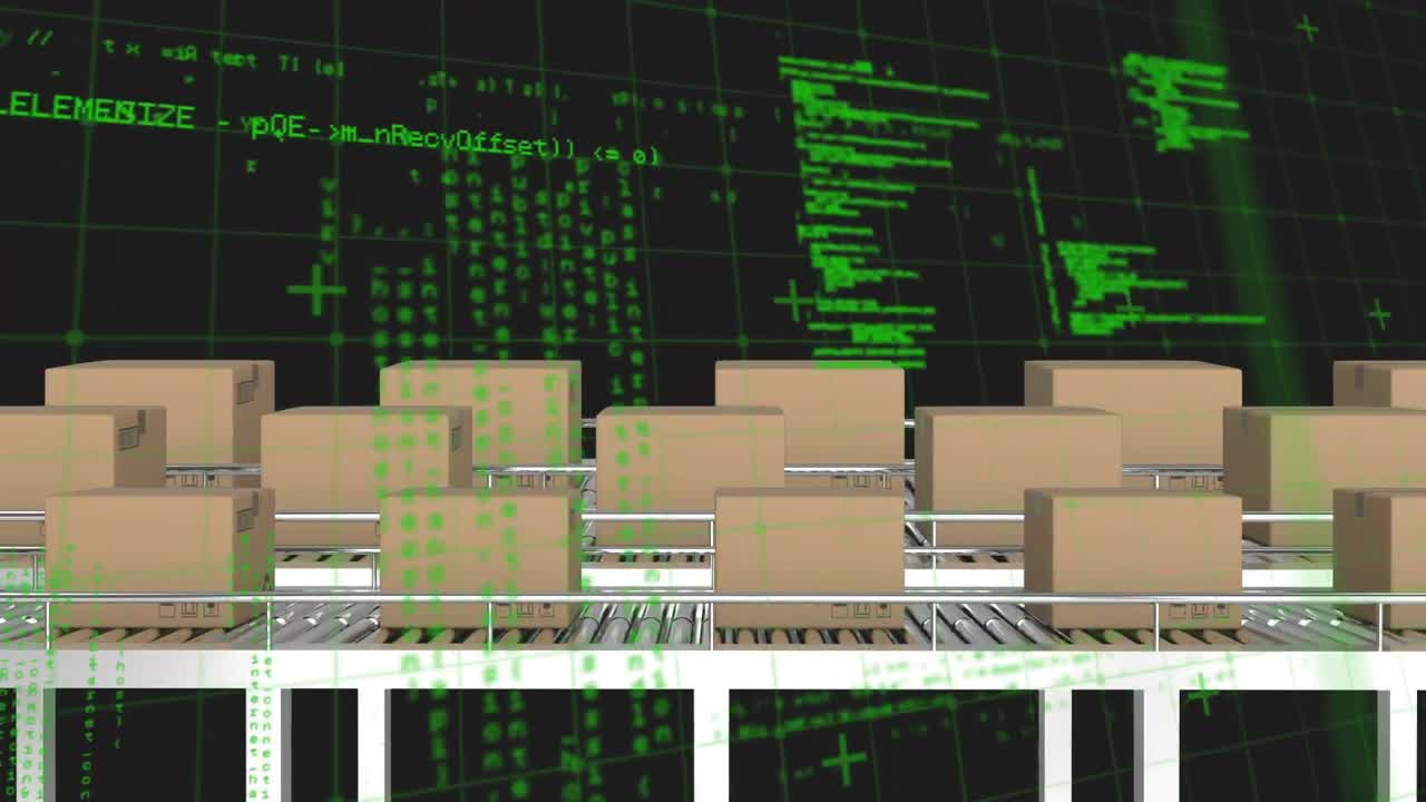 Animation of data processing over cardboard boxes on conveyor belts