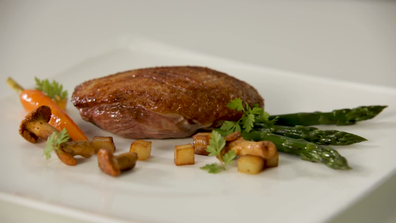 Seared Duck Breast with Asparagus and Roasted Vegetables