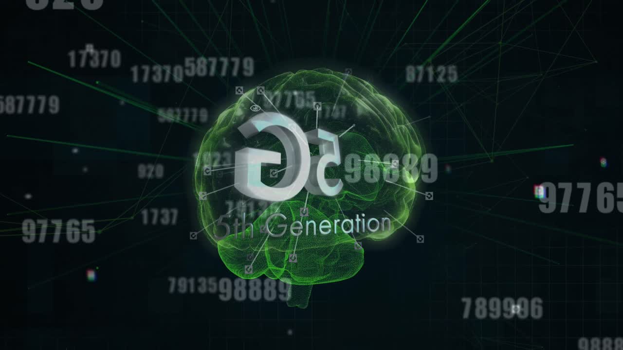 animación de texto de 5g 5a generación con números que cambian sobre un cerebro humano brillante en fondo negro