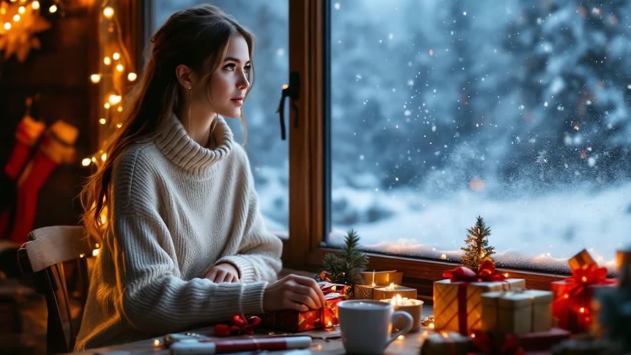Young woman dressed in a cozy sweater is sitting by a window, surrounded by festive decorations and snow, creating a warm holiday atmosphere with candles and gift boxes on the table