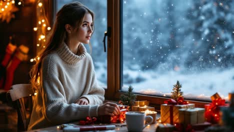 young woman dressed in a cozy sweater is sitting by a window, surrounded by festive decorations and snow, creating a warm holiday atmosphere with candles and gift boxes on the table