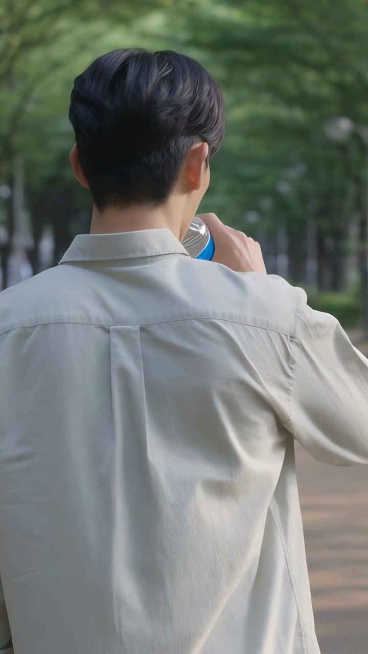 縦型動画：木々の小道で喉の渇きを感じ、ベージュのトップスを着た男性が青いボトルを持ち上げて水を飲む様子