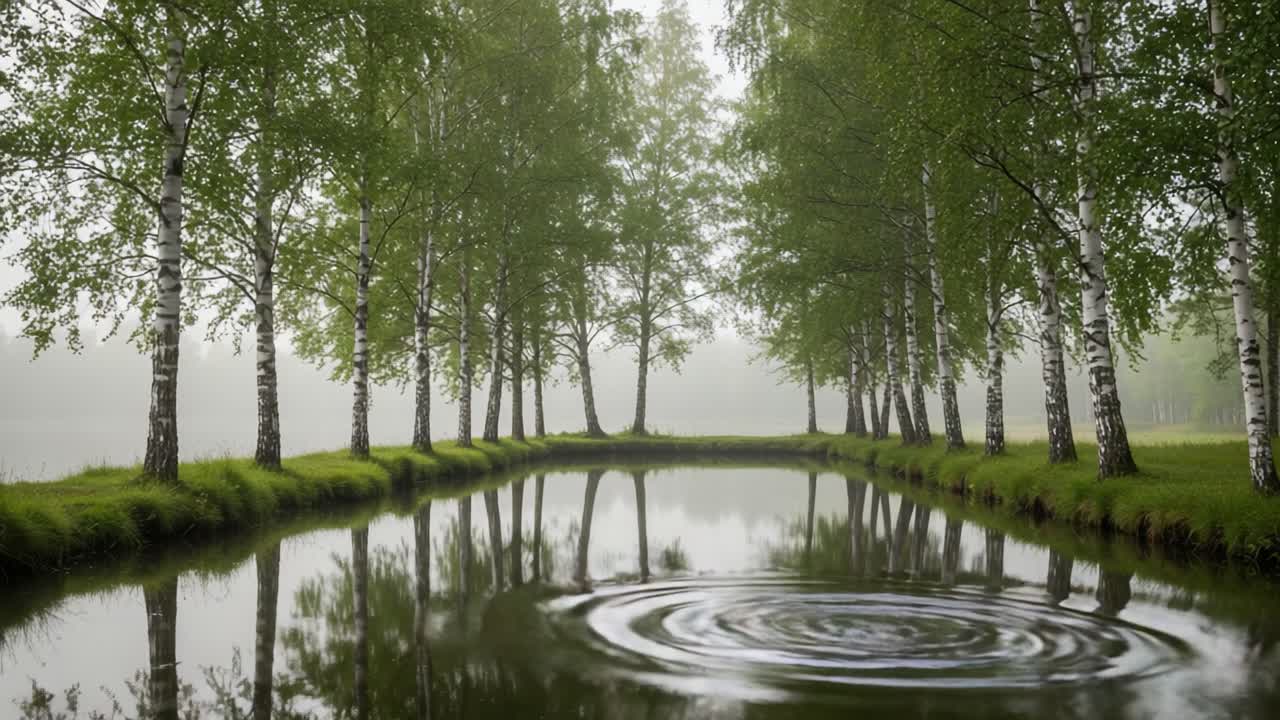 A Tranquil Reflection: The Stillness and Movement of Nature by a Serene Waterside with Lush Greenery and Birch Trees Captured in Two Frames