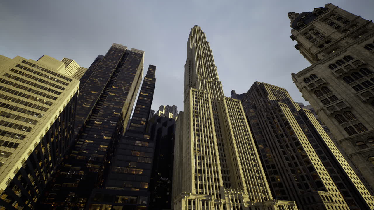 Urban skyscrapers reaching for the cloudy sky over a bustling cityscape