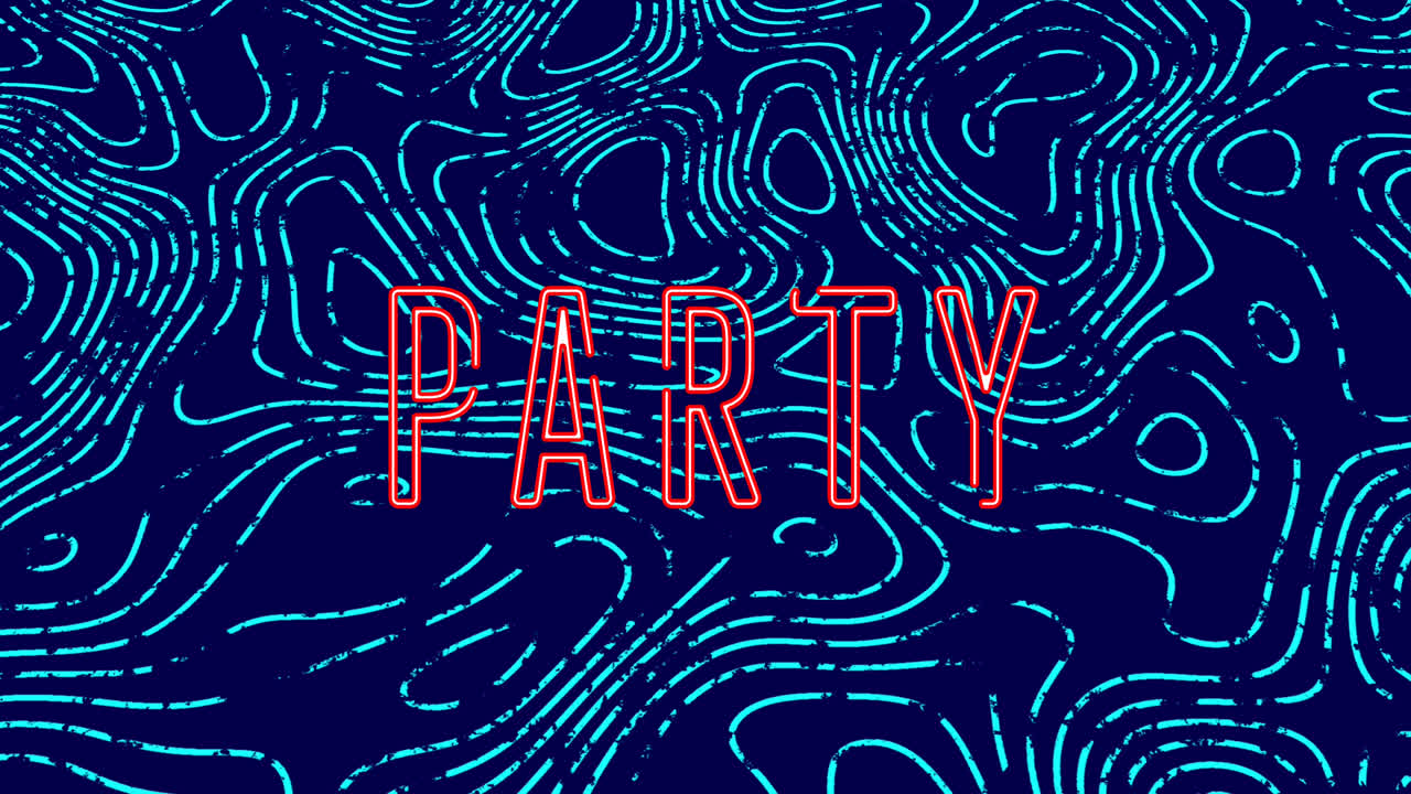 Animation of party text over shapes on blue background