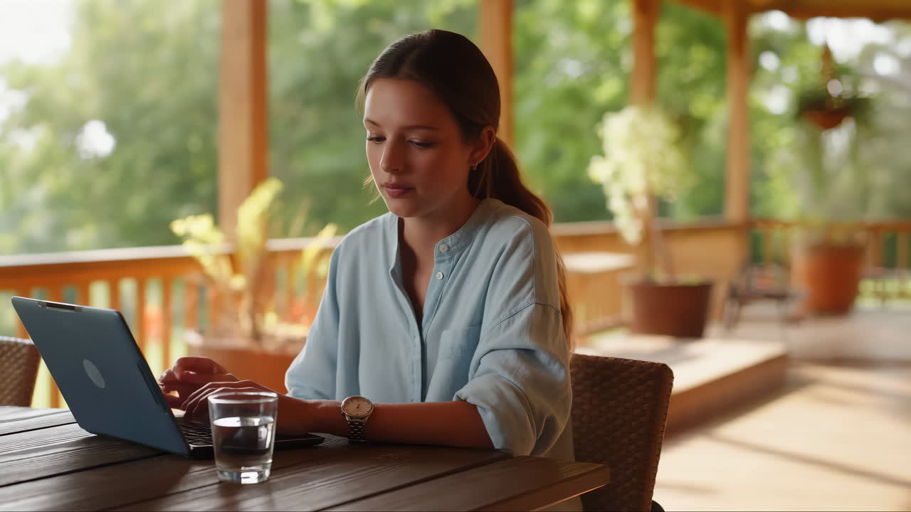 Young Woman Working on Laptop and Drinking Water on a Porch
