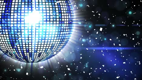 animación de confeti contra la bola de discoteca azul brillante girando con rayos de luz