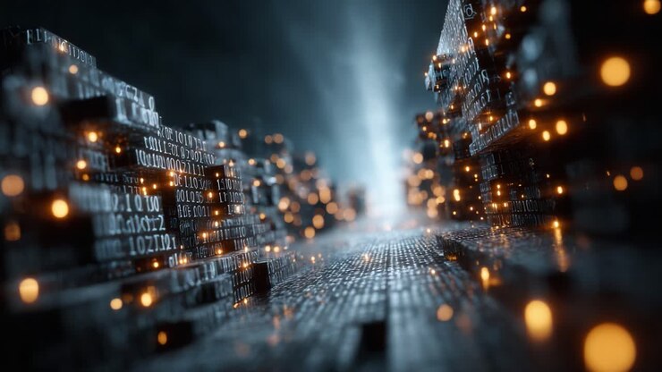 A Dynamic Visualization of Digital Data Streams with Binary Code and Illuminated Elements, Representing the Concept of Information Flow in a Futuristic Environment