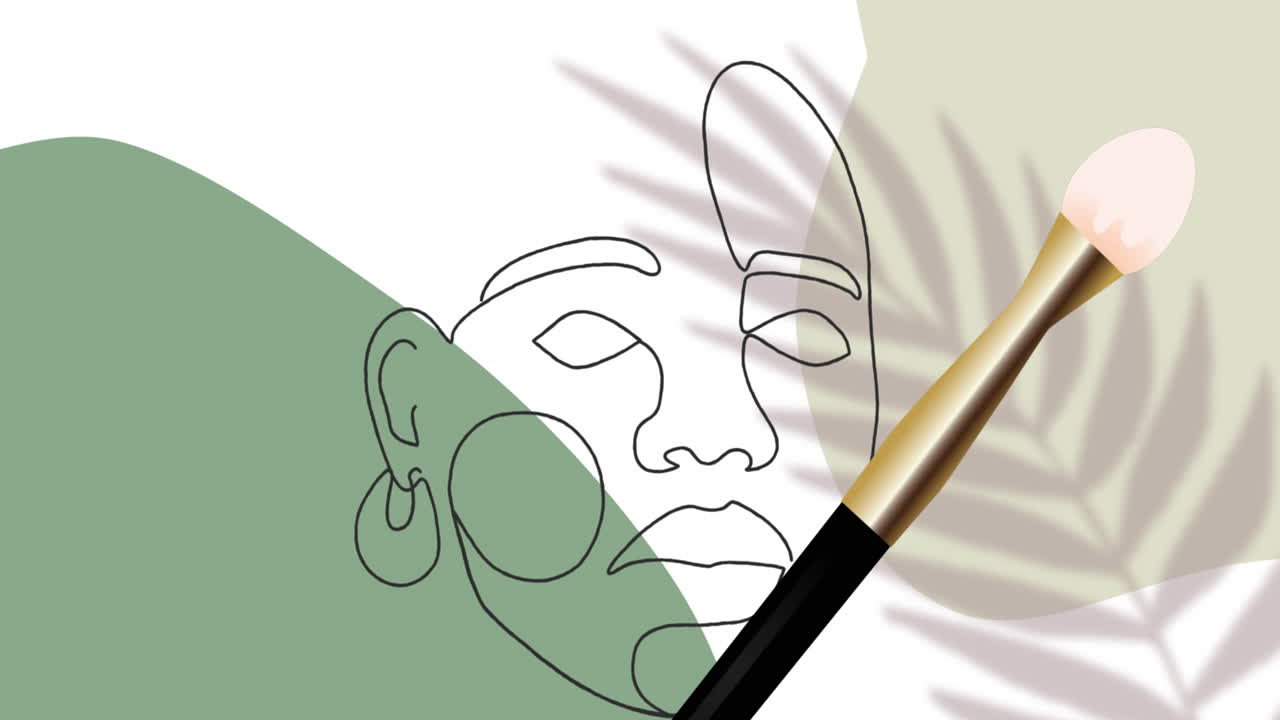 초록색 배경에 있는 브러시 아이콘과 모델 얼굴의 애니메이션