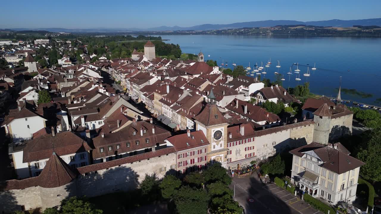 Berntor gate Murten Switzerland Morat medieval old town aerial drone Europe landmark
