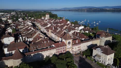 berntor gate murten switzerland morat medieval old town aerial drone europe landmark