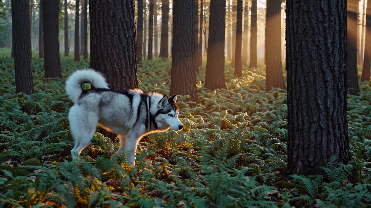 Husky siberiano che cammina attraverso una pineta soleggiata