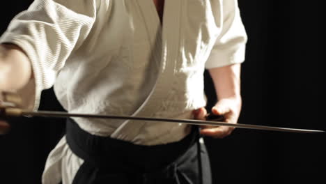 Samurai-martial-arts-demonstration,-sword-master-front