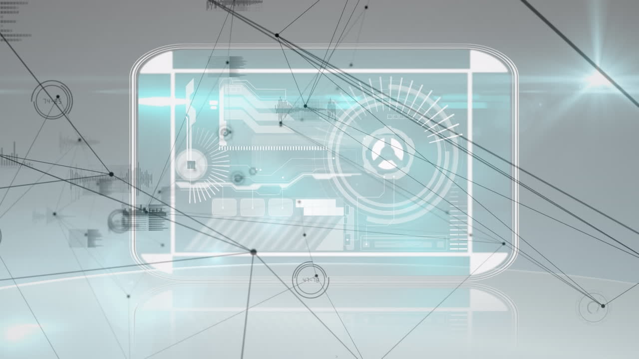 회색 배경에서 데이터 처리를 하는 디지털 인터페이스를 통한 연결 네트워크