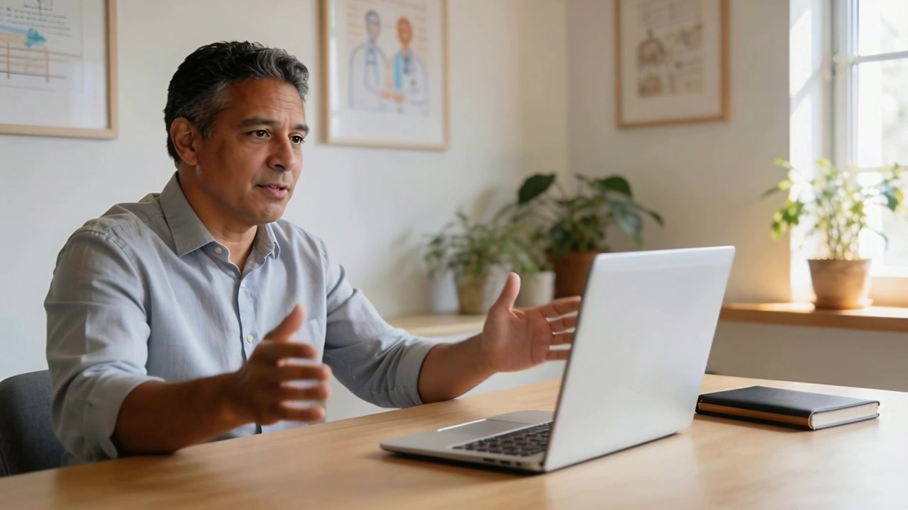 Joining remote meeting, man in gray shirt gesturing, typing on laptop at home, noting in notebook