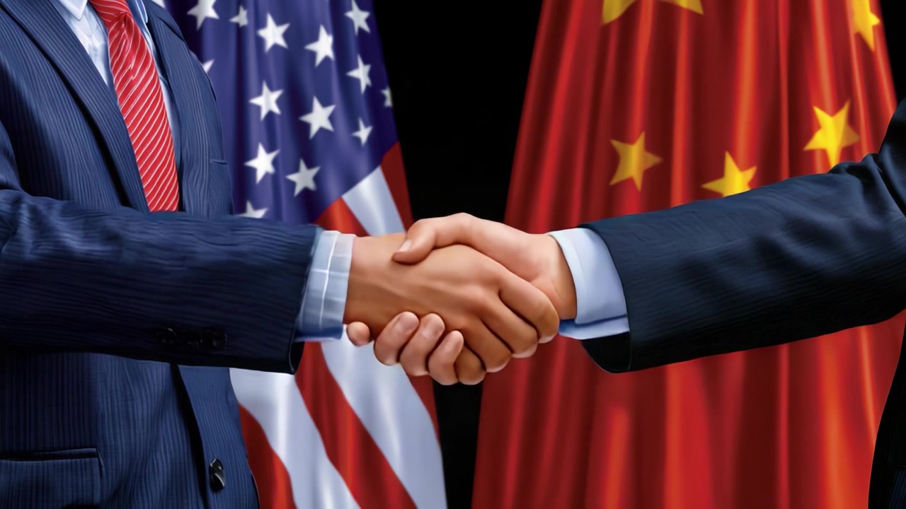 Diplomatic Relations: A Firm Handshake Symbolizing Cooperation Between Two Global Powers, the United States and China, Against a Backdrop of National Flags.