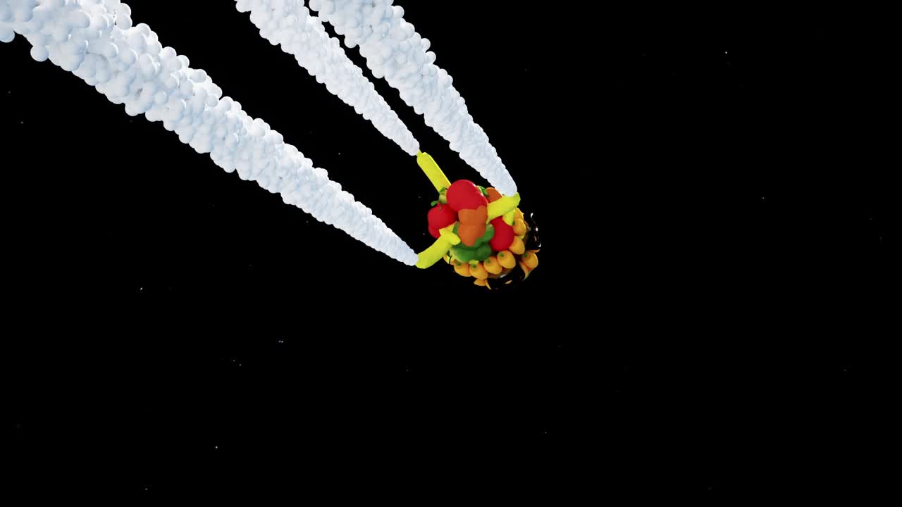 과일 과 채소 로 만들어진 우주 를 날아다니는 로켓 선박 의 애니메이션