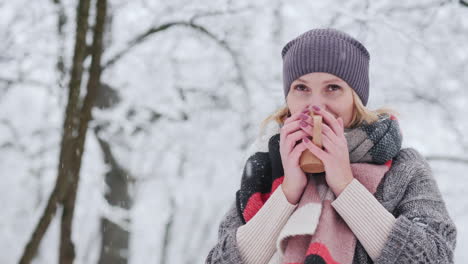 Eine-Frau-Trinkt-Heißen-Tee-Im-Winterwald,-Trägt-Einen-Pullover-Und-Einen-Hellen-Schal