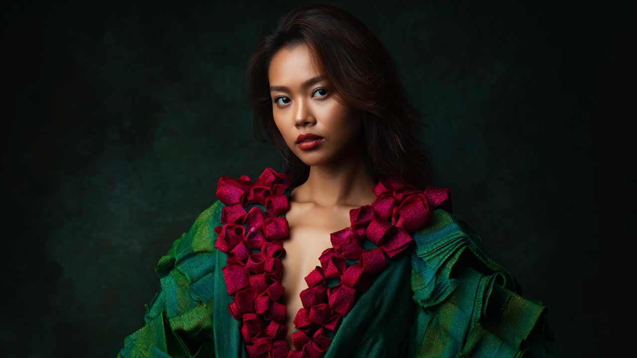 Elegant Woman in Green Dress with Red Accents