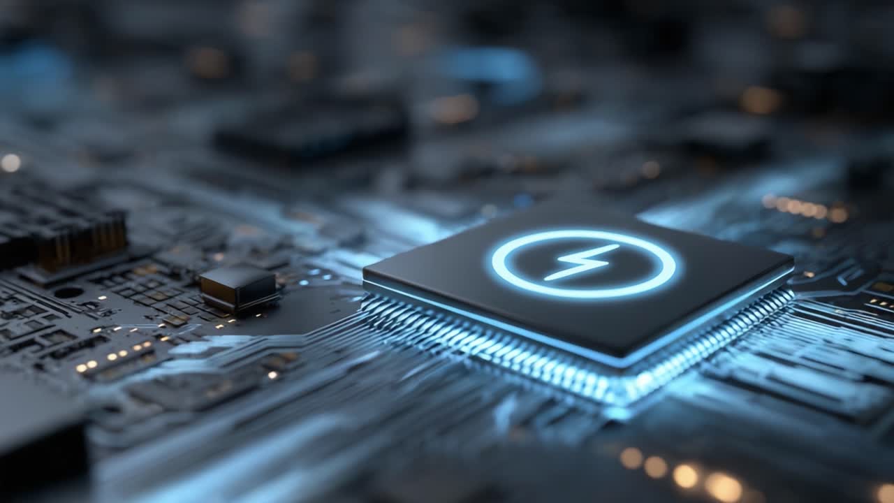 Højopløst nærbillede af en moderne mikrochip med et oplyst strømikon, der fremviser avanceret teknologi og energieffektivitet i kredsløb
