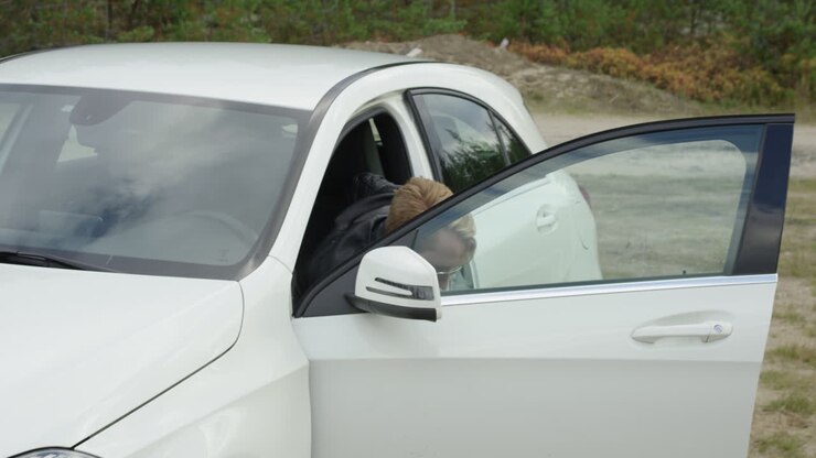 Ingresso drammatico di un uomo adulto che indossa una giacca di pelle e occhiali da sole, al rallentatore.