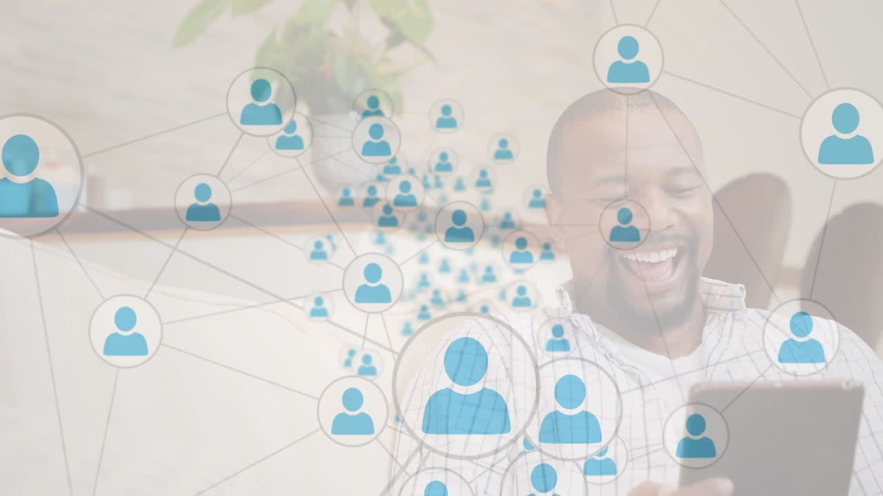 animación de redes de conexiones con iconos sobre el hombre usando tableta
