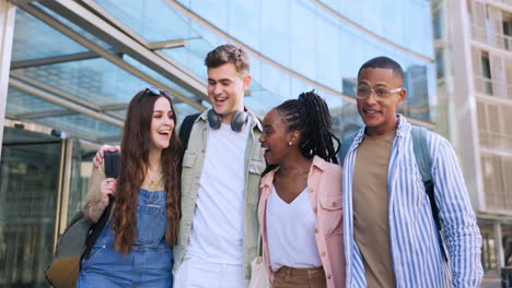 university group, hug and people walking