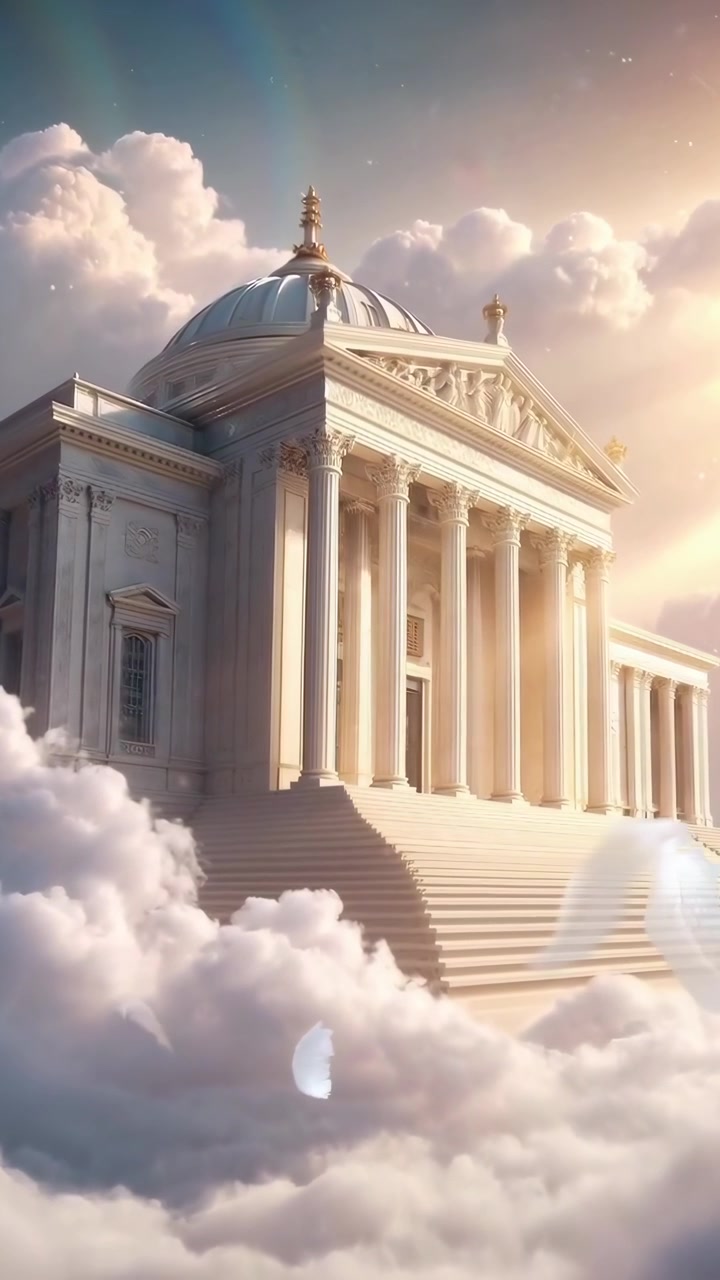 Maestoso tempio classico tra nuvole celestiali con piume fluttuanti