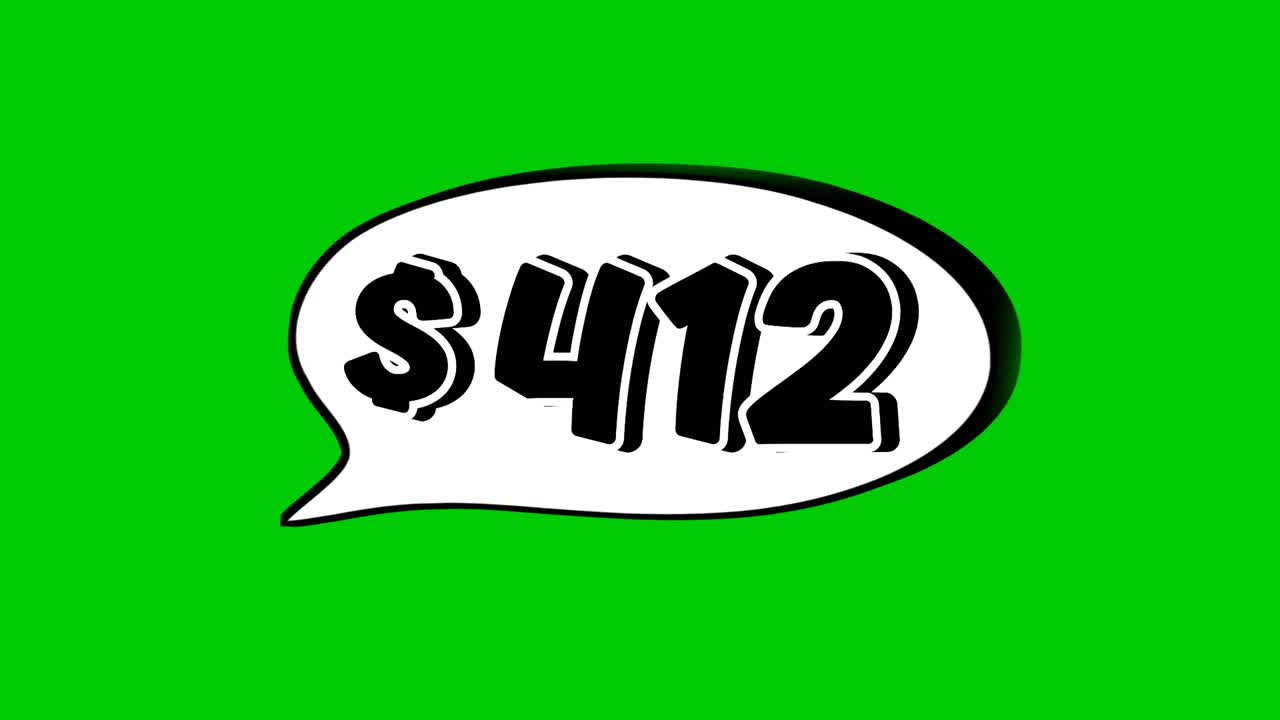 Animation af $412 dollar pris i en taleboble på grøn skærm. Perfekt til salg, annoncer eller promo-videoer. Nem at bruge og tilpasse i dine projekter videoelement