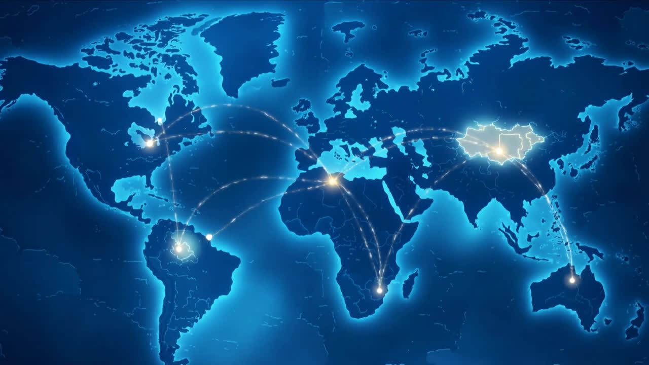 Tracer dot starting from northern South America, map pulsing hubs linking routes showing data flow