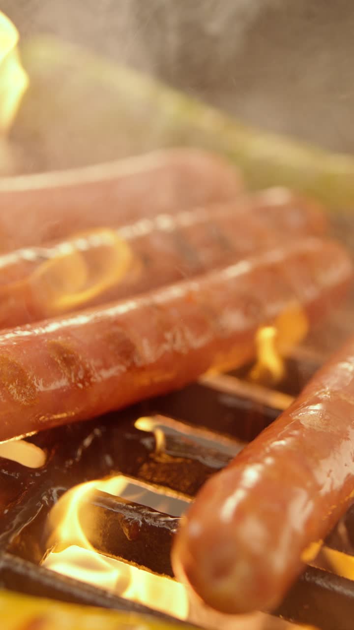 Sausages on the grill with flames