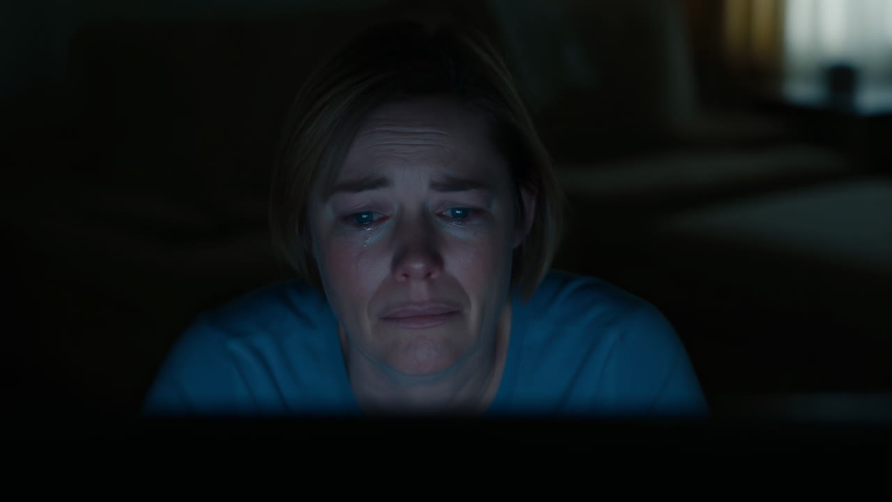 Distressed Woman Crying While Looking at a Screen in a Dark Room