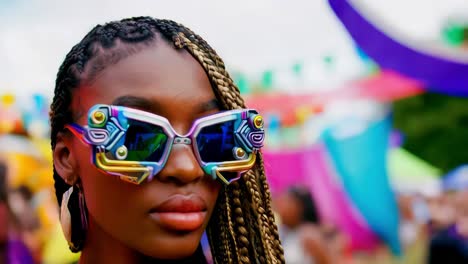 mujer elegante con gafas de sol coloridas en un festival