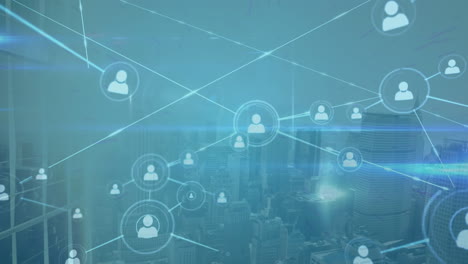 animation of network of profile icons and blue light trails against aerial view of cityscape
