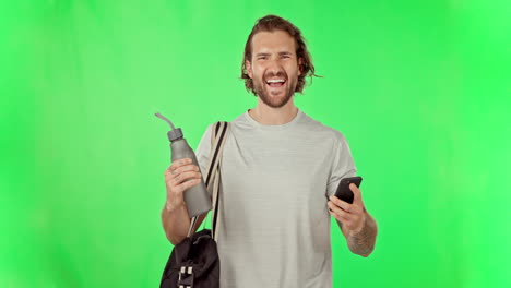 cara, fitness y hombre feliz con pantalla verde