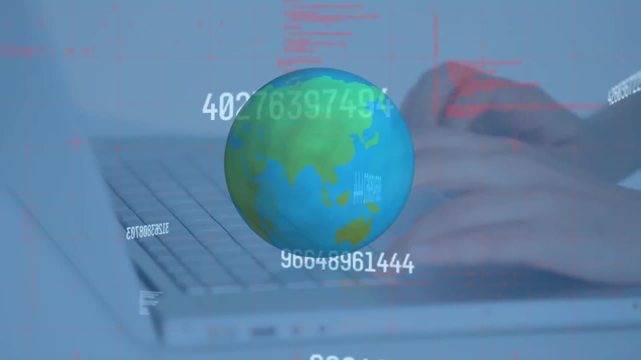 animación de números cambiantes y globo con procesamiento de datos a través de computadora portátil