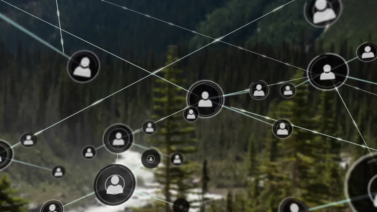 animación de la red de conexiones con las personas iconos sobre el paisaje