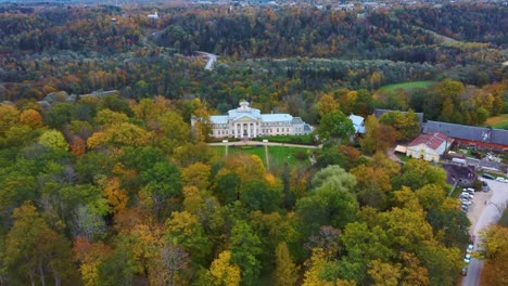 Aerial-View-of-the-Krimulda-Palace-in-Gauja-National-Park-Near-Sigulda-and-Turaida,-Latvia