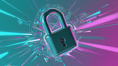 Cinematic animation of colorful digital padlock with dynamic glowing data streams and particle effects. Concept of cybersecurity, fintech, data protection, and secure digital payments.