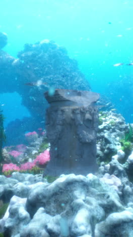 an ancient statue rests on the ocean floor, surrounded by vibrant coral and fish