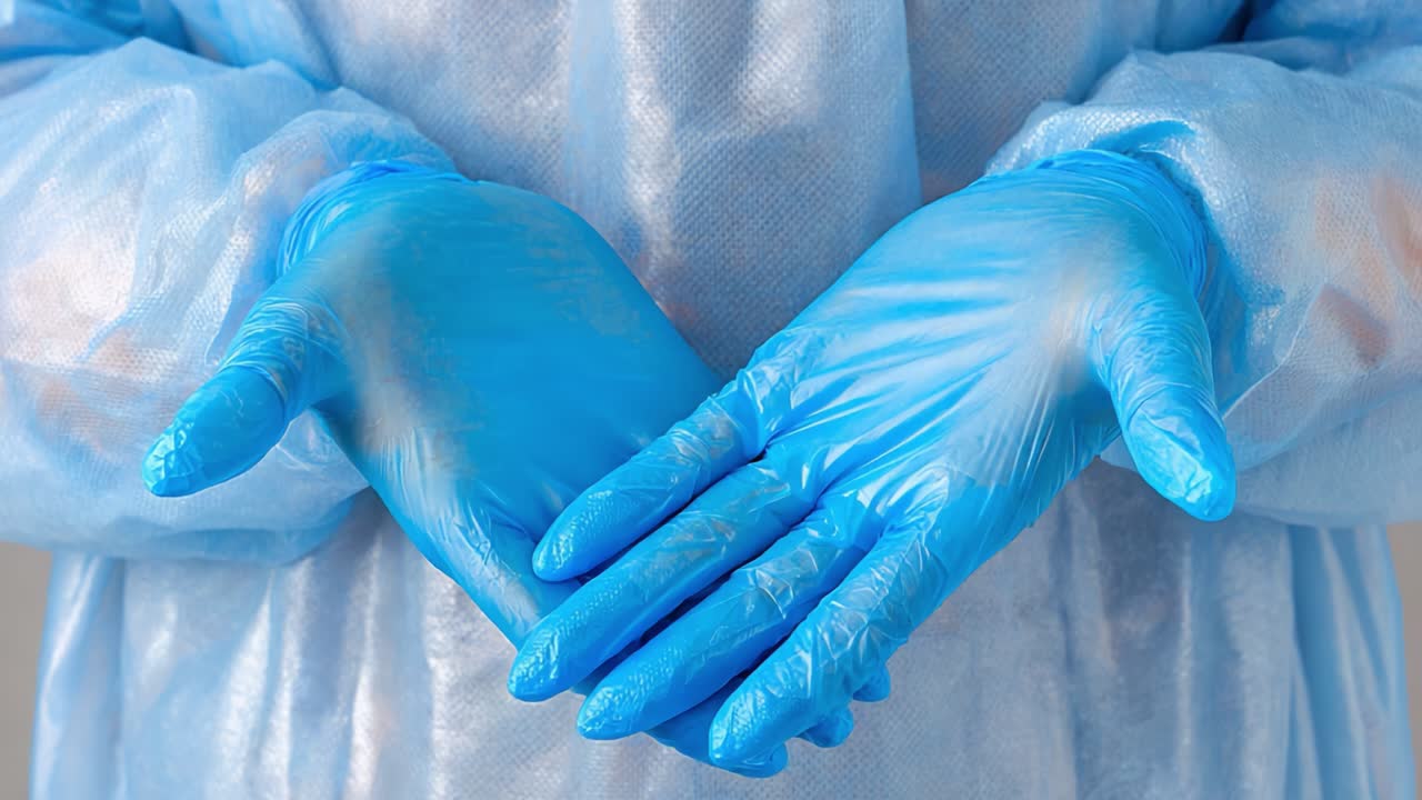Primo piano di mani che indossano guanti medicali blu con indumenti protettivi, che enfatizzano le pratiche di sicurezza e igiene in ambito sanitario
