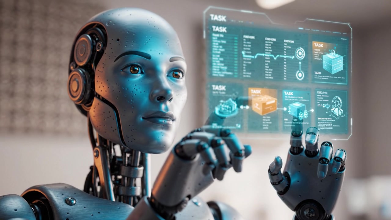 A futuristic humanoid robot engages with advanced holographic technology, showcasing a blend of artificial intelligence and human-like features in a modern environment.