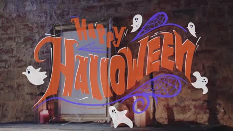 Animation-of-happy-halloween-text-over-ghosts-and-mirror-on-brick-wall-background