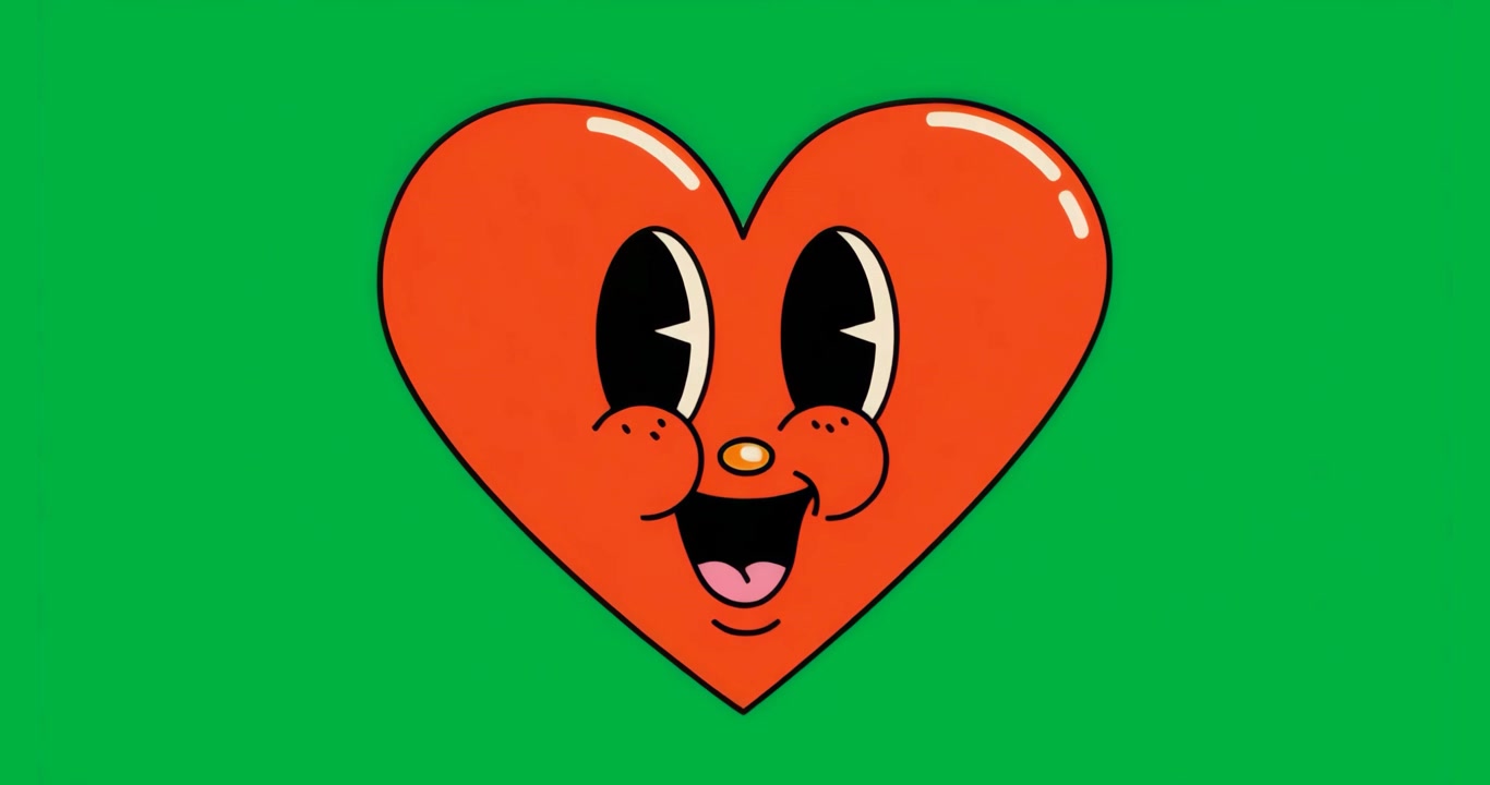 Glitch che crea un cuore rosso sorridente, con gli occhi socchiusi, che ammicca e in loop per divertimento su sfondo trasparente