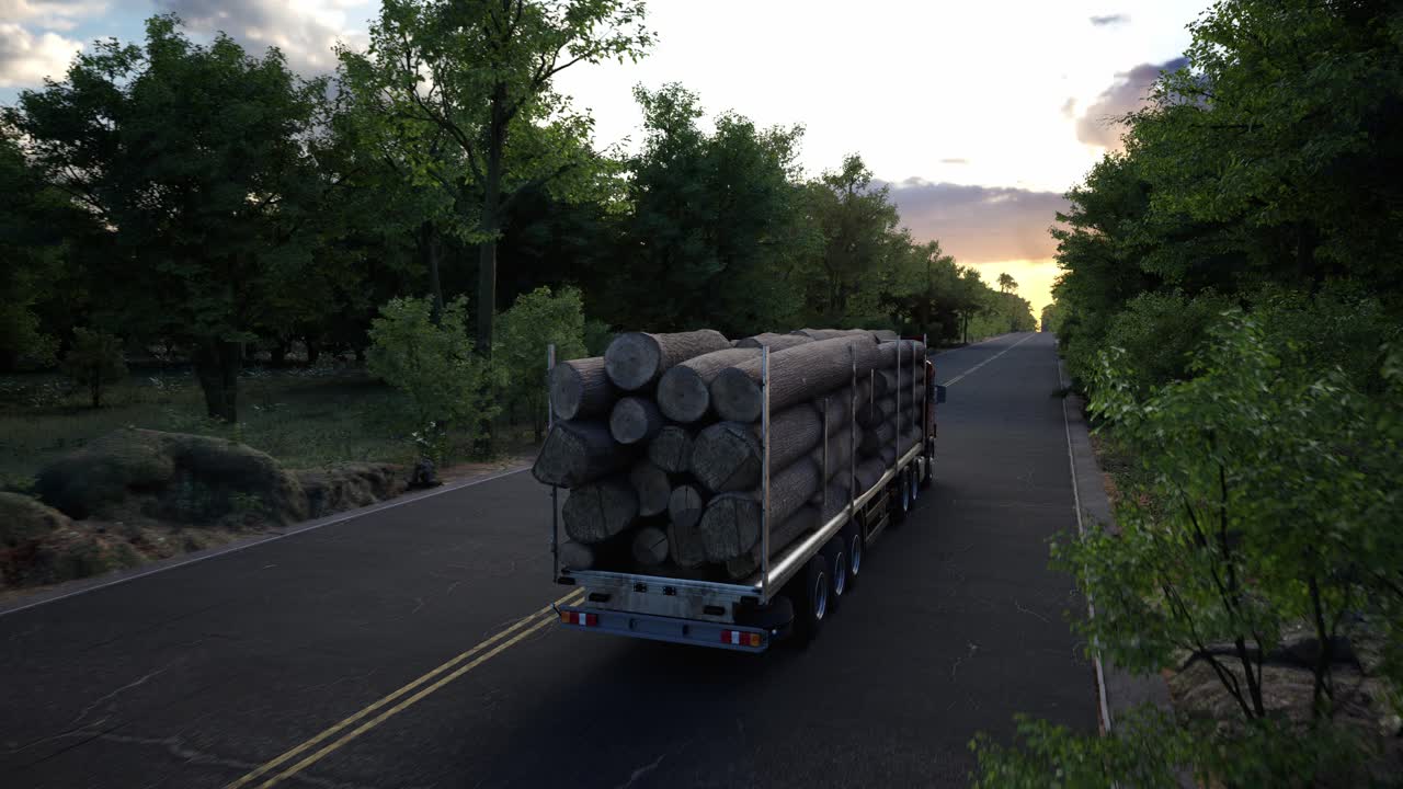 Logging Truck Carrying Logs on a Forest Road at Sunset