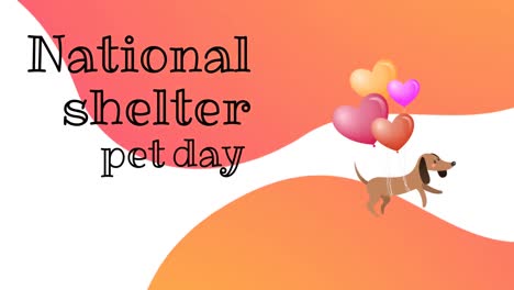 animation of national shelter pet day text over dog icon with balloons